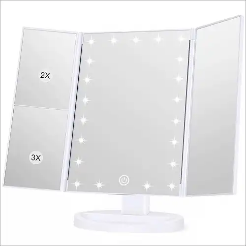 KOOLORBS Makeup 21 Led Vanity Mirror with Lights, 1x 2x 3x Magnification, Touch Screen Switch, 180 Degree Rotation, Dual Power Supply, Portable Trifold Makeup Mirror, White