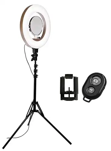 Stellar 18" LED Diva II Ring Light (Gold) w/Ivation Wireless Bluetooth Camera Shutter Remote Control for iOS & Android Phones and Universal Smartphone Tripod Mount & Adapter for Most Smar...